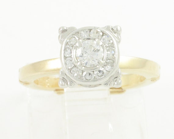 Vintage .30 CT Diamond Halo Ring: 14K Yellow Gold Bullseye Engagement Ring