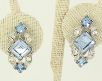 Vintage Bogoff Baby Blue and Clear Rhinestone Earrings, 1940s Blue Rhinestone Screw Back Earrings, Vintage Holiday Earrings, Vintage Jewelry