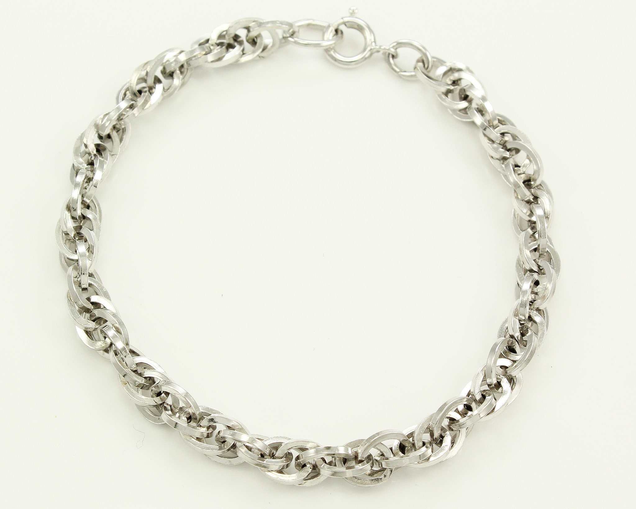 Vintage Chunky Sterling Silver Rope Chain Bracelet 7 Inch Rhodium Plated 925 Silver Bracelet