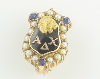 Alpha Delta Chi Lion Sorority Shield Badge Pin - 10K Yellow Gold Cultured Pearls Created Sapphires Black Enamel - Vintage Fraternal Jewelry