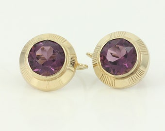 Vintage 14K Simulated Amethyst Drop Earrings, Vintage 14K Purple Glass Dangle Earrings, 14K Gold Lever Back Drop Earrings, Vintage Jewelry