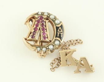Vintage 10K Lambda Chi Alpha Fraternity Pin, 60s Lambda Chi Alpha 10K Gold Badge, 10K Enamel Seed Pearl Lab-Created Ruby Pin,Vintage Jewelry