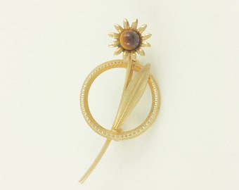 Vintage 14K Gold Fill Tiger Eye Daisy Brooch, Dainty 1960s 14K Gold Filled Flower Pin, Flower Circle Pin Tiger Eye GoldFill, Vintage Jewelry