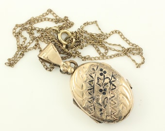 Antique Gold Filled Engraved Locket Pendant Necklace, Oval Victorian 12K GF Enamel Locket Pendant Necklace, Victorian Locket,Vintage Jewelry
