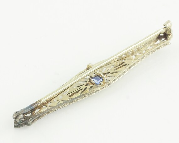 Edwardian 14K White Gold Filigree Bar Pin: Diamond and Lab-Created Sapphire Antique Brooch View 5