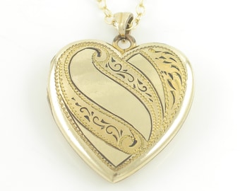 Vintage Engraved Scrolled Love Heart Locket Pendant 14K Gold Filled Necklace - Romantic Estate Jewelry - Sentimental Vintage Jewelry