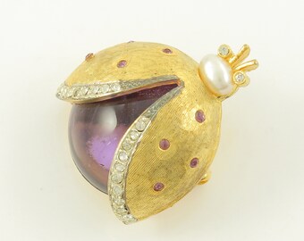 Vintage Lady Bug Brooch, CRAFT Gem-Craft Jelly Belly Rhinestone, 1980s Purple Lucite Lady Bird Rhinestone Pin, Lady Bug Pin, Vintage Jewelry
