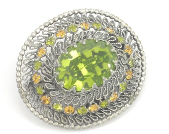 Vintage Austrian Green Gold Rhinestone Brooch Ribbon Filigree Frame, Oval Austrian Rhinestone Pin c1950, Vintage Brooch, Vintage Jewelry