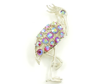 Vintage Heron Pin, Vintage Red Aurora Borealis Rhinestone Heron Brooch, Vintage Rhinestone Figural Bird Brooch, Vintage Jewelry