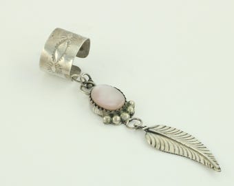 Vintage Mother of Pearl Sterling Southwestern Ear Cuff, Vintage Stamped Silver Ear Cuff EL, 1970s Sterling Dangle Ear Cuff, Vintage Jewelry