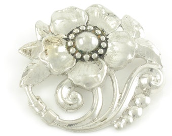 Taylord Sterling Silver Stylized Flower Brooch - Repousse Cherokee Rose Floral Circle Pin - 2 Inch 19.5 grams Circa 1940 - Vintage Jewelry