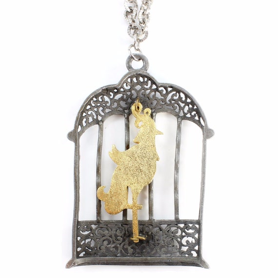 Vintage Enamel Bird in Cage Pendant Necklace, 196… - image 2