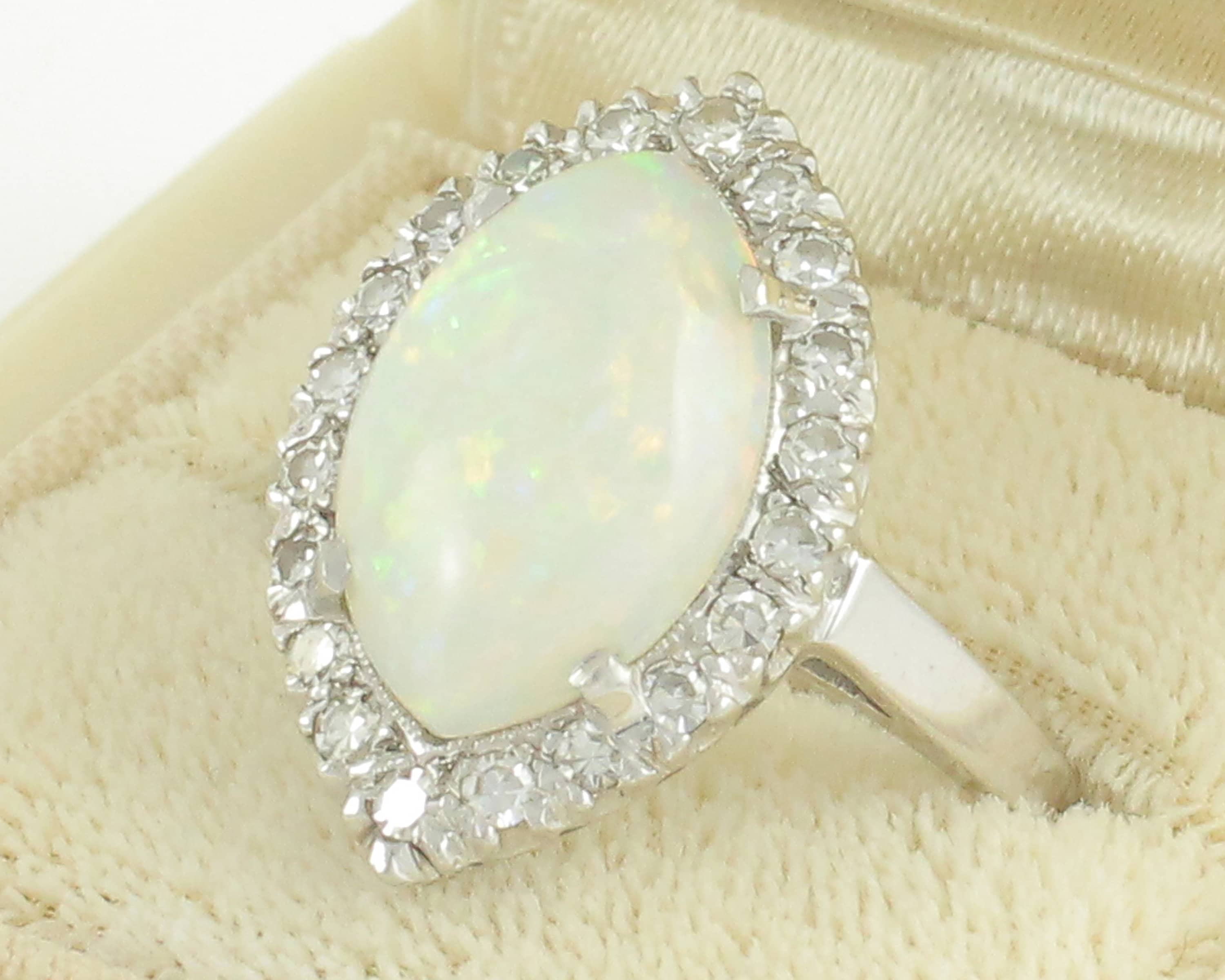 Vintage 14K White Gold Opal Marquise Diamond Ring - Mid Century 1.5 CT