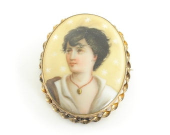 Antique Hand Painted Miniature Portrait Brooch - Young Boy from Naples Lithographed Porcelain China Gold Filled Frame c1890 -Vintage Jewelry