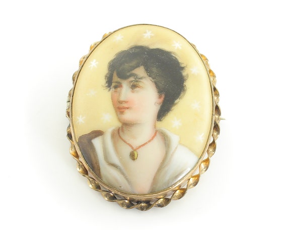 Antique Hand Painted Miniature Portrait Brooch - … - image 1