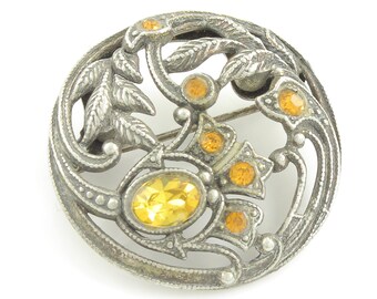 Antique Thistle Flower Art Nouveau Jugendstil Brooch - Silver Tone with Golden Foil Backed Rhinestones C Clasp - Vintage Jewelry