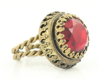 Vintage Red Glass Brass Ring, Adjustable Brass Red Foil Back Glass Vintage Ring, 1950s European Brass Red Glass Ring, Vintage Jewelry