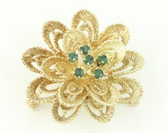 Vintage 14K Linde Lab Emerald Mid Century Modern Flower Brooch, Vintage 14K Created Emerald Floral Pin, May Birthstone Pin, Vintage Jewelry
