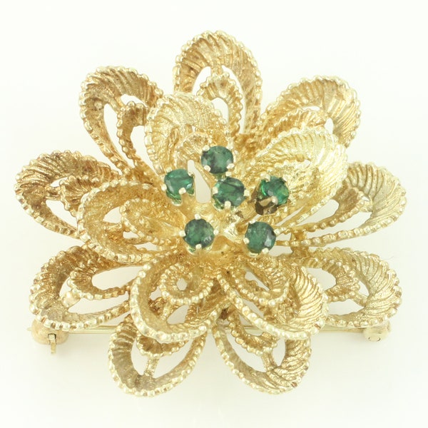 Vintage 14K Linde Lab Emerald Mid Century Modern Flower Brooch, Vintage 14K Created Emerald Floral Pin, May Birthstone Pin, Vintage Jewelry