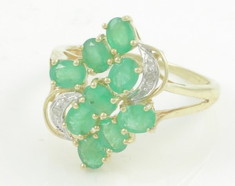 Vintage 10K Emerald Diamond Cluster Ring, 10K Gold Emerald Diamond Cocktail Ring, Vintage Emerald Ring, May Birthstone Ring, Vintage Jewelry