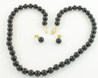 Vintage 14K Black Onyx Beaded Necklace and Earring Set - 16" Knotted 7mm Beads 7.5mm Stud Earrings - Retro 1980s Fine Jewelry