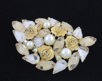 Vintage Weiss Givre Rhinestone Faux Pearl Golden Rose Brooch, Weiss White Yellow Rhinestone Gold Tone Paisley Pin, Vintage Signed Jewelry