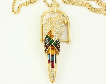 Vintage Nolan Miller Colorful Crystal Parrot on Perch Convertible Brooch Necklace,  Nolan Miller Glamour Collection Parrot, Vintage Jewelry