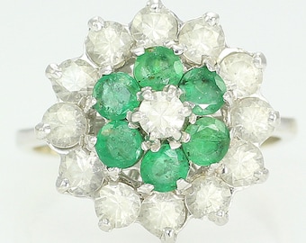 Vintage 14K White Gold Cubic Zirconia Emerald Ring, Vintage 14K Round CZ Emerald Cluster Ring, Vintage Size 6.25 14K CZ Ring,Vintage Jewelry