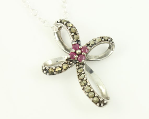 Vintage Ruby Marcasite Sterling Silver Cross Pend… - image 3