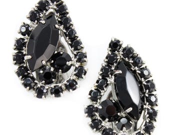 Vintage Black Paisley Rhinestone Earrings, 1960s Black Rhinestone Clip On Earrings, Vintage Black Clip On Earrings, Vintage Jewelry