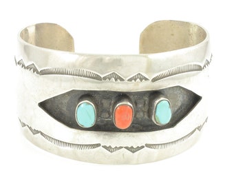 Vintage Sterling Silver Shadowbox Turquoise Coral Cuff Bracelet, Vintage Southwestern Wide 925 Silver Turquoise Coral Cuff, Vintage Jewelry