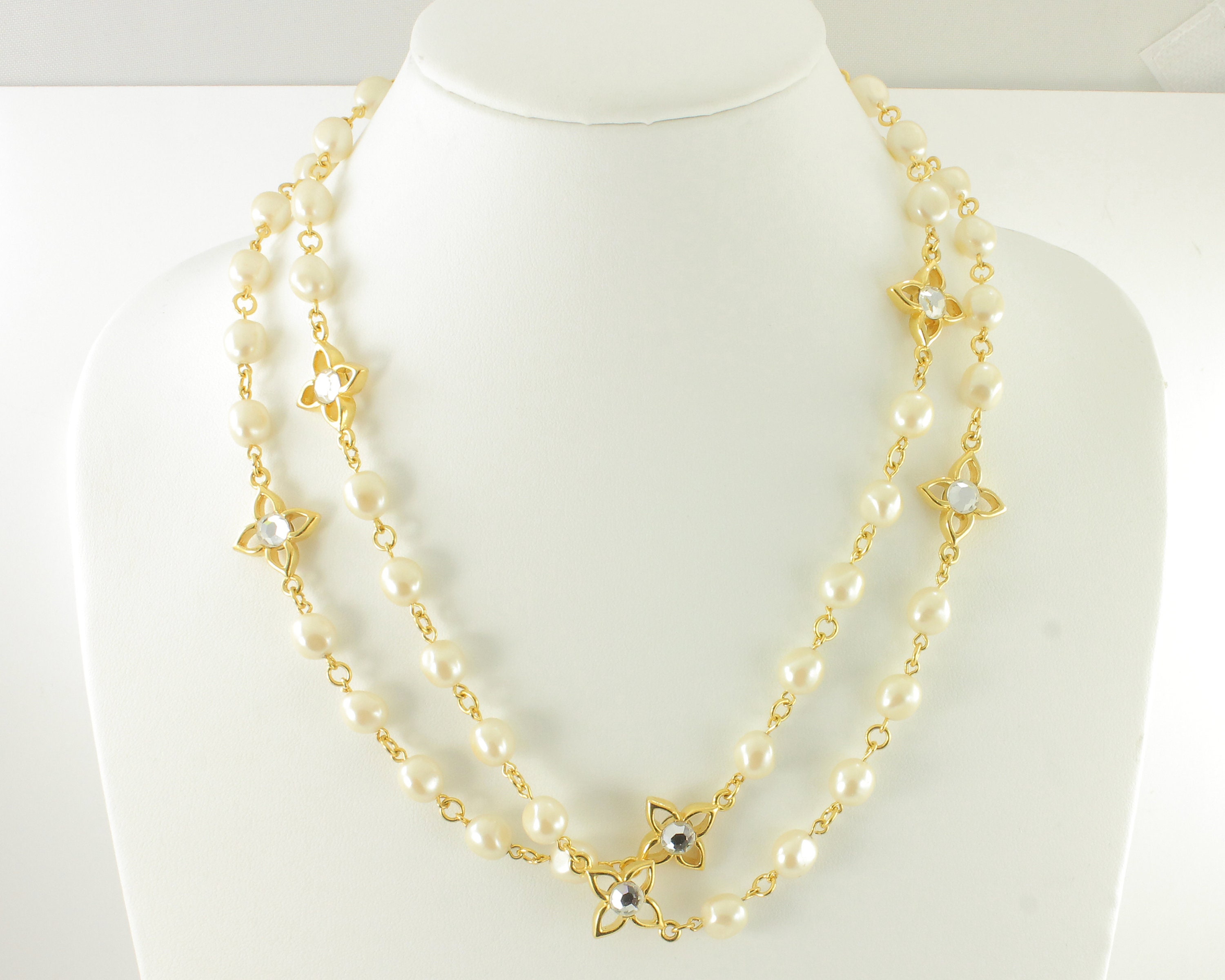 Chanel Long Gold-Tone Faux Pearl Logo Necklace