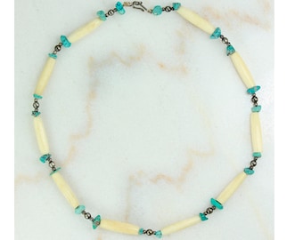 Vintage Southwestern Necklace,Vintage Long Bovine Bone Turquoise Nugget Sterling Silver Beaded Necklace,Bone Turquoise Beads,Vintage Jewelry