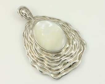 Vintage Modernist 925 Sterling Silver Mother of Pearl Pendant, Large 925 Silver Mother of Pearl Water Ripple Pendant, Vintage Jewelry