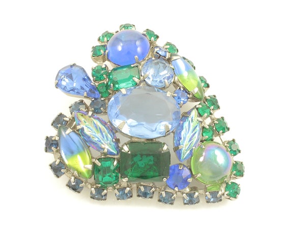 Vintage Blue Green Rhinestone Brooch, Vintage Blu… - image 3