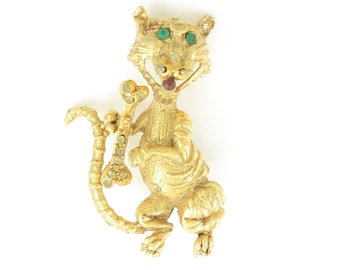 Vintage Hobe Cat Brooch, Gold Tone Rhinestone Hobe Tiger Brooch, Cat Bone Brooch, Circa 1960s Figural Pin, Vintage Jewelry, Estate Jewelry