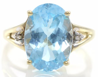 Vintage Blue Topaz Diamond Ring, 6 CT Blue Topaz Statement Ring, Oval Topaz Ring Size 6.5 c1980, December Birthstone, Vintage Jewelry