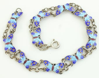 Vintage 925 Silver Enamel Butterfly Bracelet, Vintage Sterling Blue Butterfly Bracelet, 925 Enamel Butterfly Link Bracelet, Vintage Jewelry