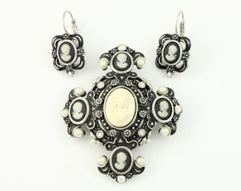 Vintage Joan Rivers Cameo Brooch Pendant Earring Set, Joan Rivers Black White Silvertone Cameo Pin Enhancer Dangle Earrings, Vintage Jewelry