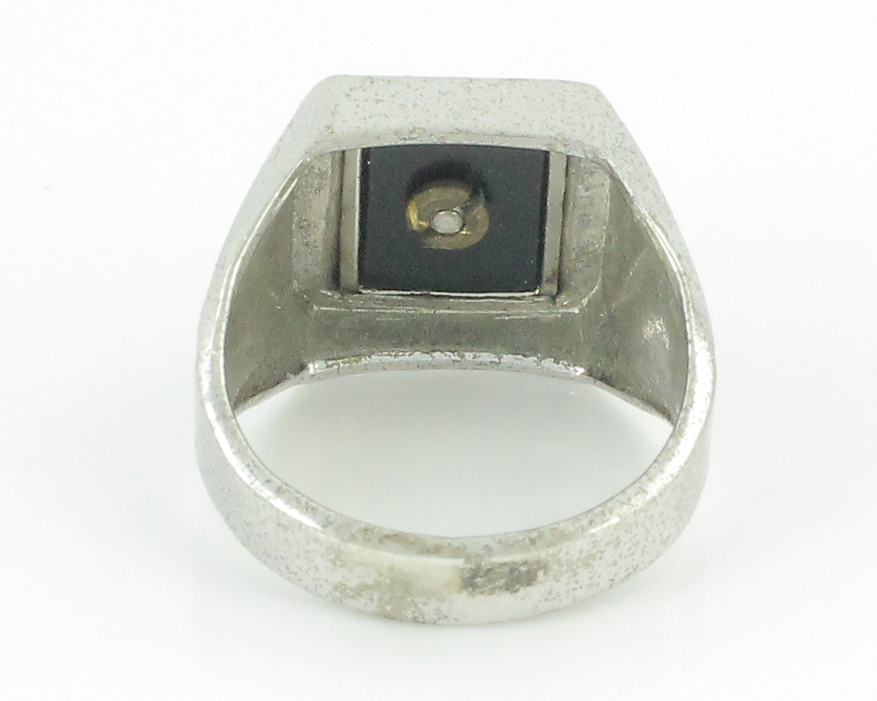 Silver Black Onyx Signet Ring - Mid Century Modern Enamel W Initial