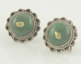 Vintage Gold Nugget Sterling Green Onyx Earrings, Southwestern Placer Gold Green Stone 925 Silver Earrings, Vintage Southwestern Jewelry