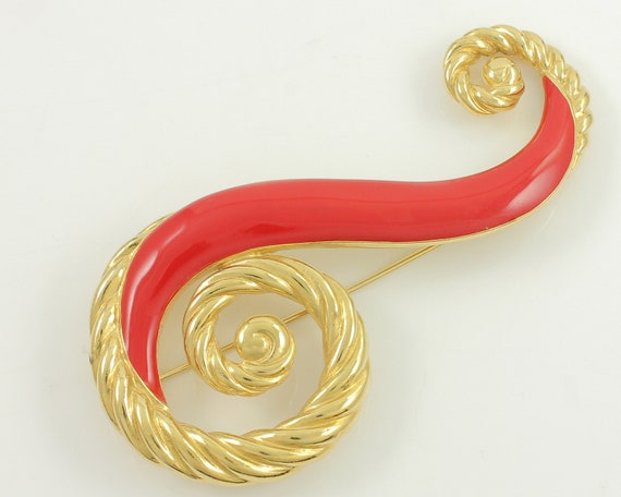 Vintage Trifari 1980s Red Enamel Swirl Brooch, Tr… - image 3