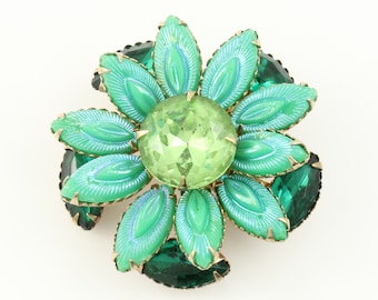 Vintage Blue Green Rhinestone Molded Glass Flower Brooch, 1960s Mixed Rhinestone Iridescent Glass Flower Pin, Uranium Glass, Vintage Jewelry