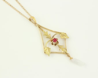 Edwardian 10K Red Glass Freshwater Pearl Lavaliere Necklace, Antique Dainty 10K Floral Pendant Necklace, Edwardian Necklace, Vintage Jewelry