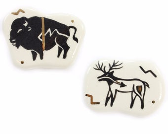 Vintage Porcelain Pictograph Brooches, Pair of Vintage Hand Painted Ceramic Bison Deer Pins, Mid Century Cave Art Brooches, Vintage Jewelry