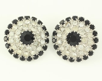 Vintage Rhinestone Clear and Black Button Clip On Earrings, 1980s Domed Rhinestone Silver Tone Earrings, Vintage Clip Ons, Vintage Jewelry