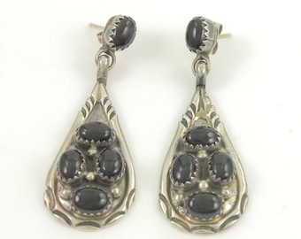 Vintage Southwestern Black Onyx Sterling Dangle Earrings, Large Vintage 925 Silver Onyx Teardrop Earrings, Handmade Earrings,Vintage Jewelry