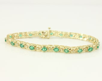 Vintage 14K Emerald Diamond Straight Line Bracelet, Solid 14K Gold May Birthstone Tennis Bracelet, Emerald Tennis Bracelet, Vintage Jewelry