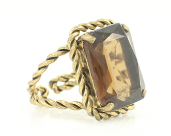 Vintage Smoky Brown Glass Brass Ring, Adjustable Brass Brown Glass Vintage Ring, 1950s European Brass Brown Glass Ring, Vintage Jewelry