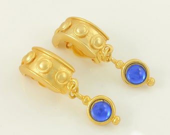 Vintage Cobalt Blue Gold Tone Dangle Earrings, Clip On Gold Tone Modle Drop Earrings, 1980s Byzantine Style MODLE Earrings, Vintage Jewelry